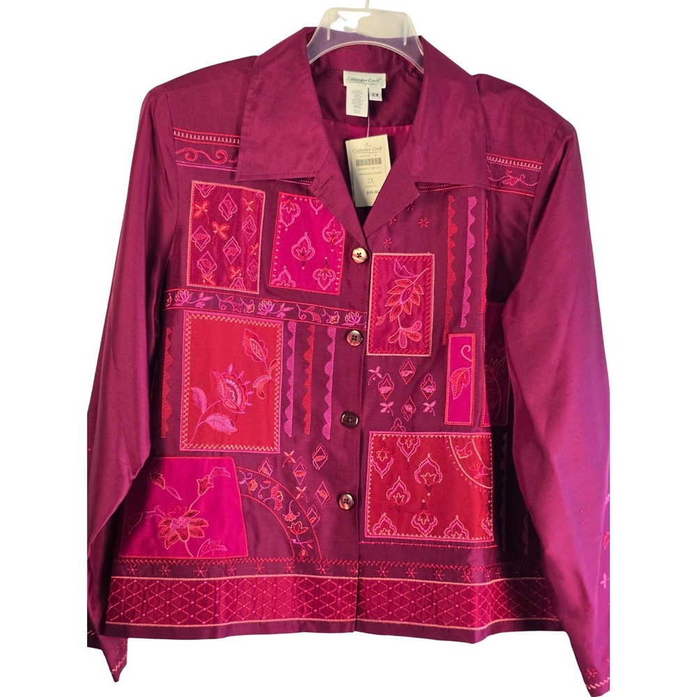 Coldwater Creek Magenta 100% Silk Embroidered‎ Patchwork Jacket NWT Women Boho
